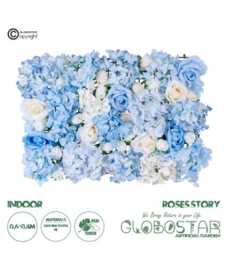 GloboStar® Artificial Garden ROSES STORY 20353 Τεχνητό Διακοσμητικό Πάνελ Λουλουδιών - Κάθετος Κήπος σύνθεση Μπλε & Μπεζ Τριαντάφυλλα Μ40 x Π60 x Υ10cm